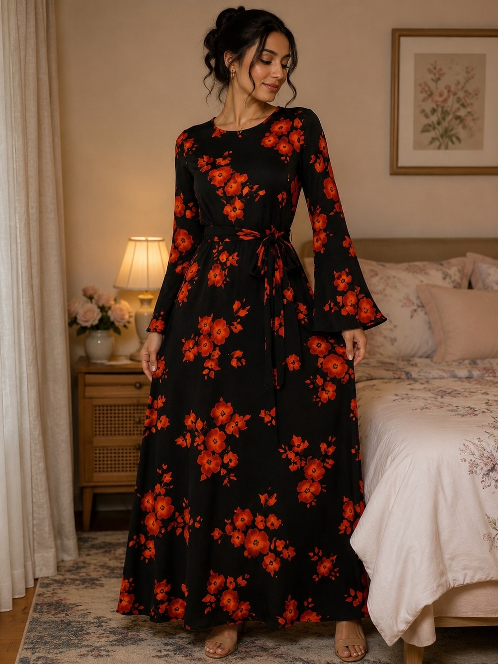 Black Floral Long Sleeve Maxi Dress with Tie Waist